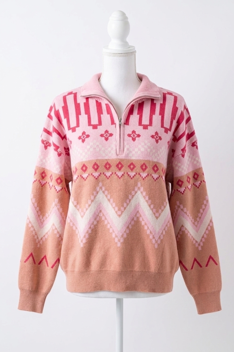 NEW &MERCI geometric knit half zip pullover in caramel multi